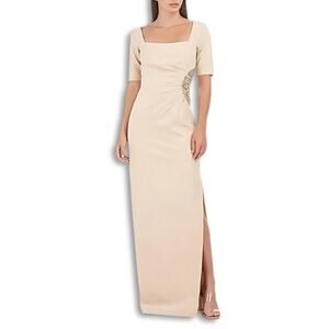 JS Collections Sheath Maxi Dress Square Neck Side Slit Beaded Beige Women's 4